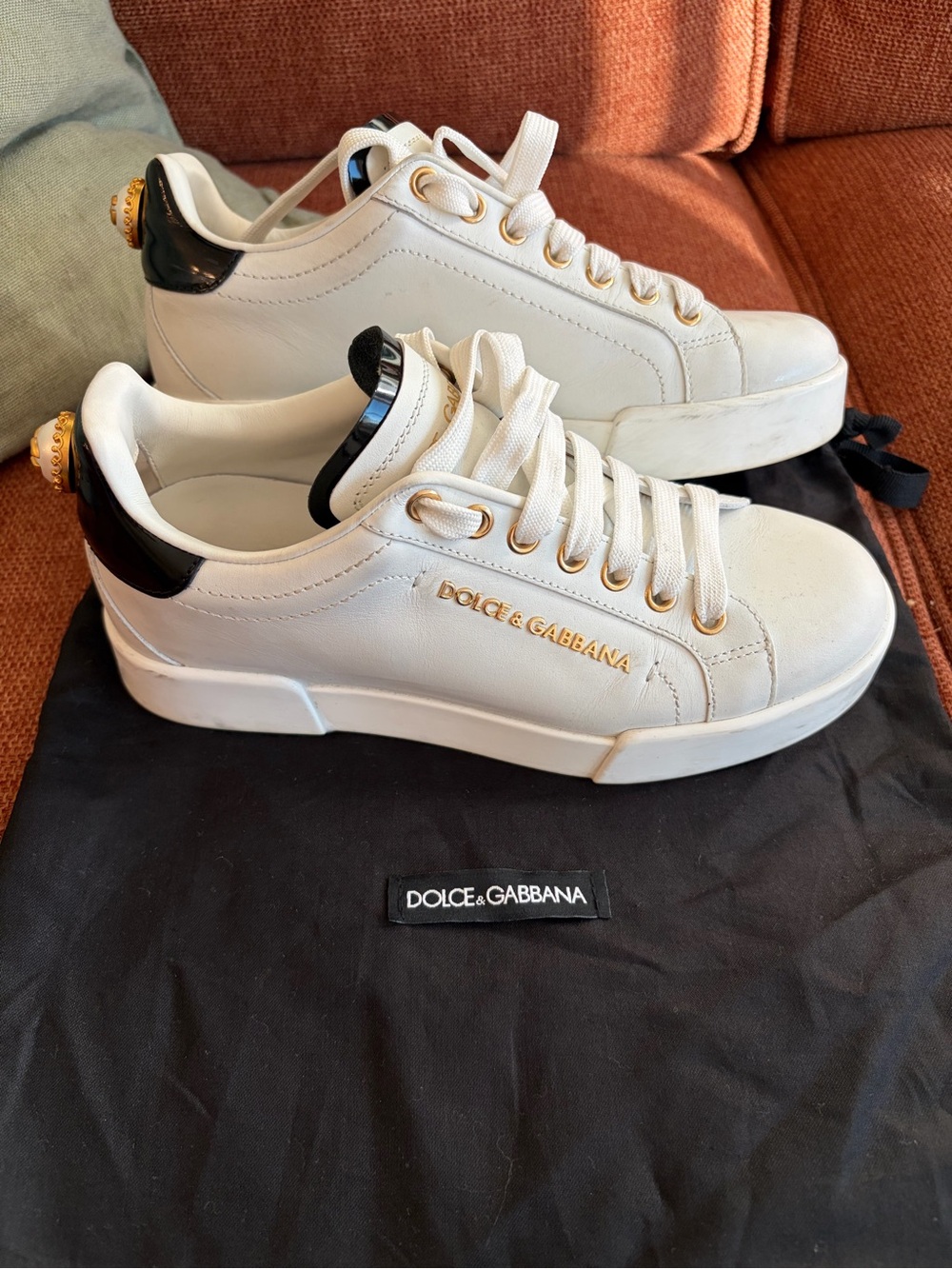Dolce & Gabbana Women's White Leather Low-Top Sneakers with Black Heel